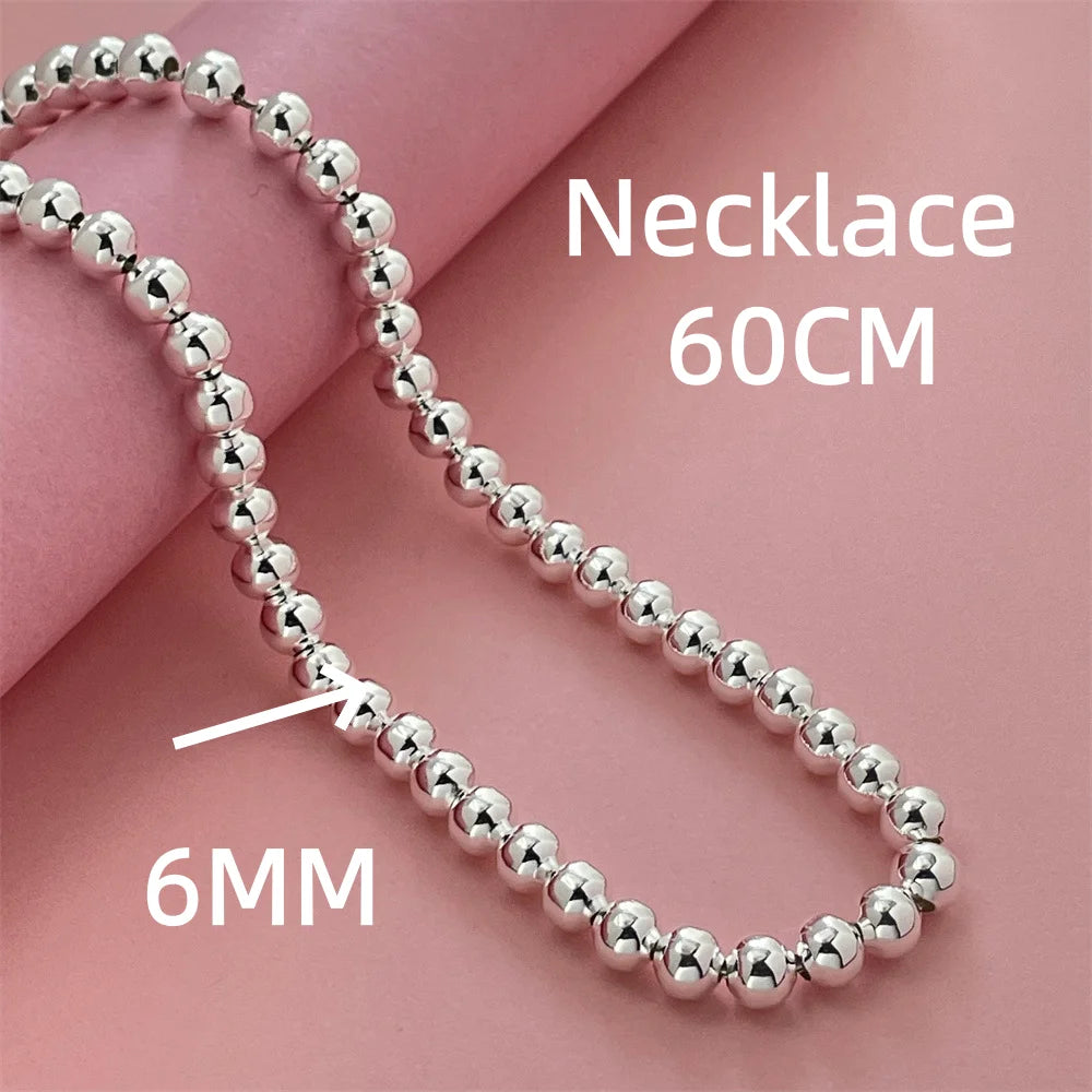 925 Sterling Silver Round Bead Chain Necklace 4/6/8mm Smooth Ball Beads 40-60CM Choker N detail view
