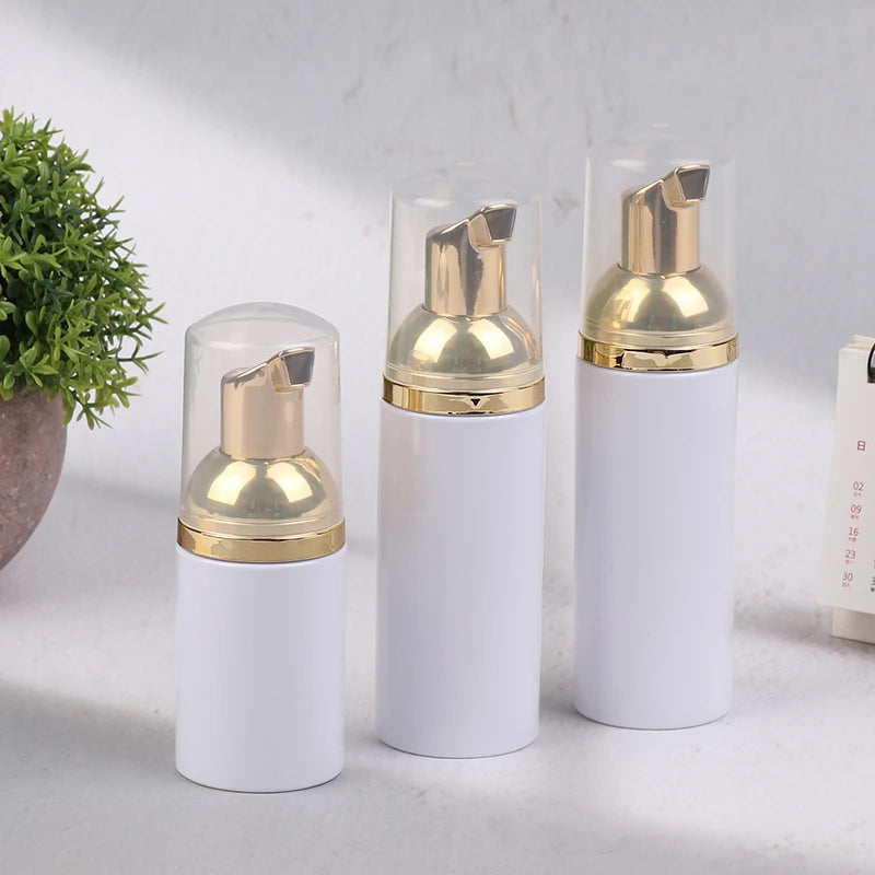 30/50/60ML White Gold Plastic Foamer Pump Bottle Refillable Empty Face Lashes Cleanser F detail view