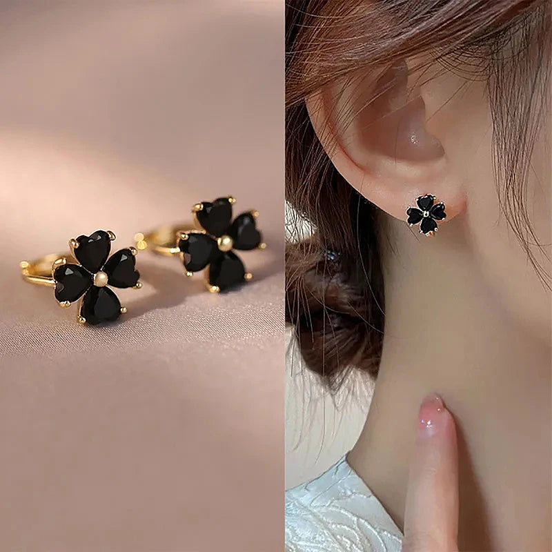 Fashion Black Mini Four-Leaf Flower Stud Earrings Women Jewelry Party Accessories Gif alternate view