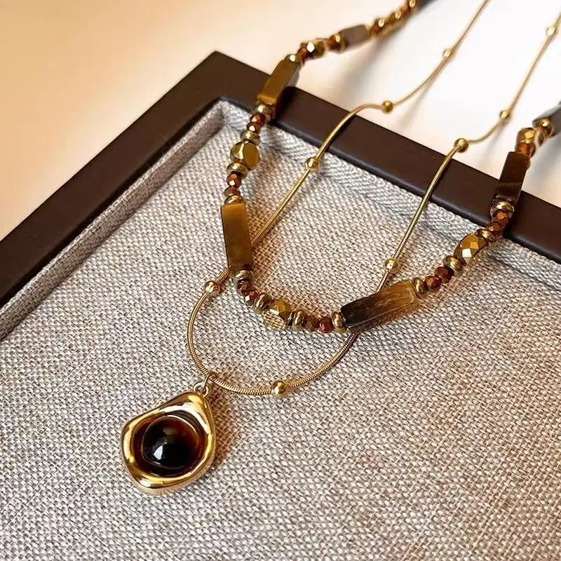 Retro Temperament Layered Tiger Eye Stone Pendant Necklace For Women Stainless Steel lifestyle view