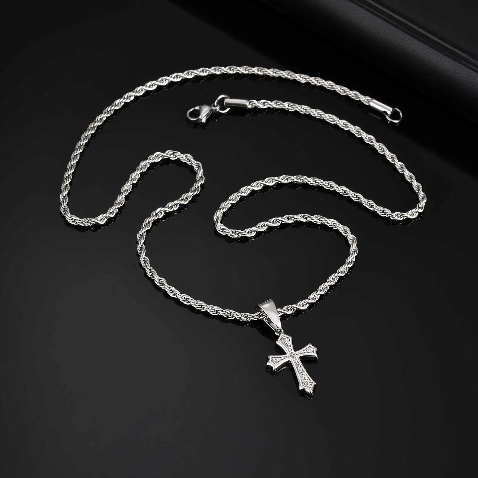 Personality Stainless Steel Cross Pendant Necklace for Men Boys, Retro Religious Faith Prayer Jewelry Gift