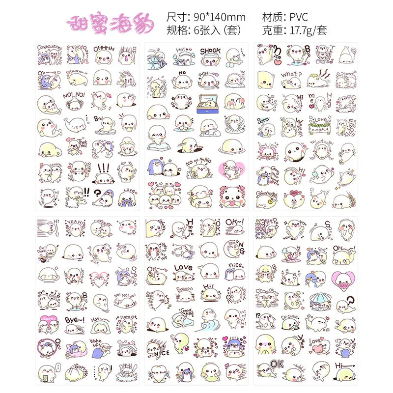 6Pcs Waterproof Cartoon Sticker Set | Cute DIY Decals for Laptops, Phones, and Planners detail view