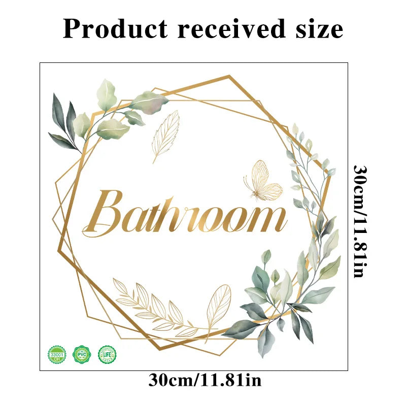 Green Plant Toilet Door Sticker Golden Letter Removable Self-adhesive Waterproof PVC alternate view
