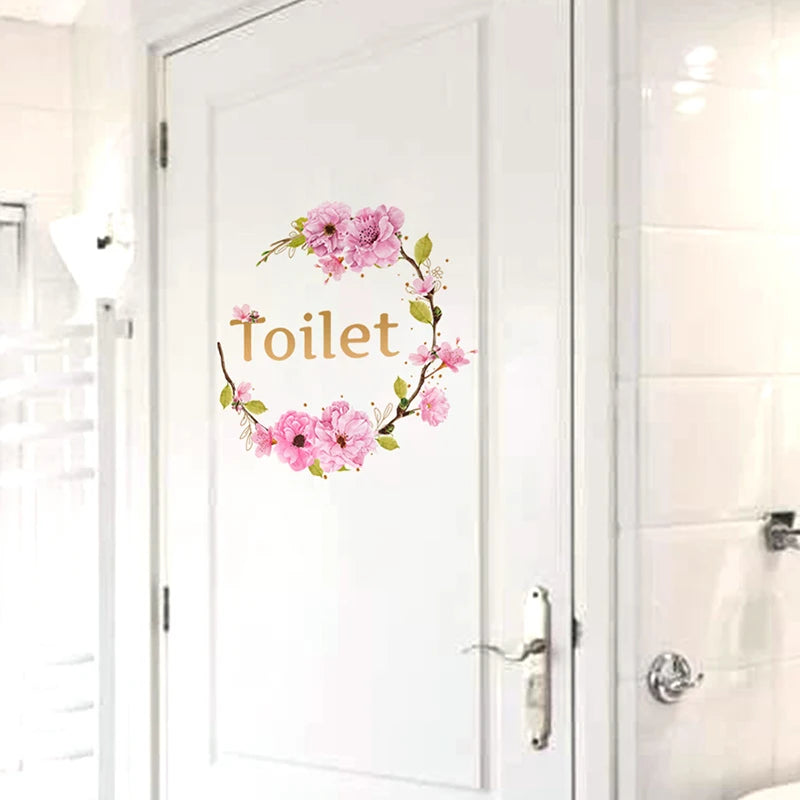 Flower Toilet Door Wall Stickers | Elegant Bathroom Decor Signs additional angle