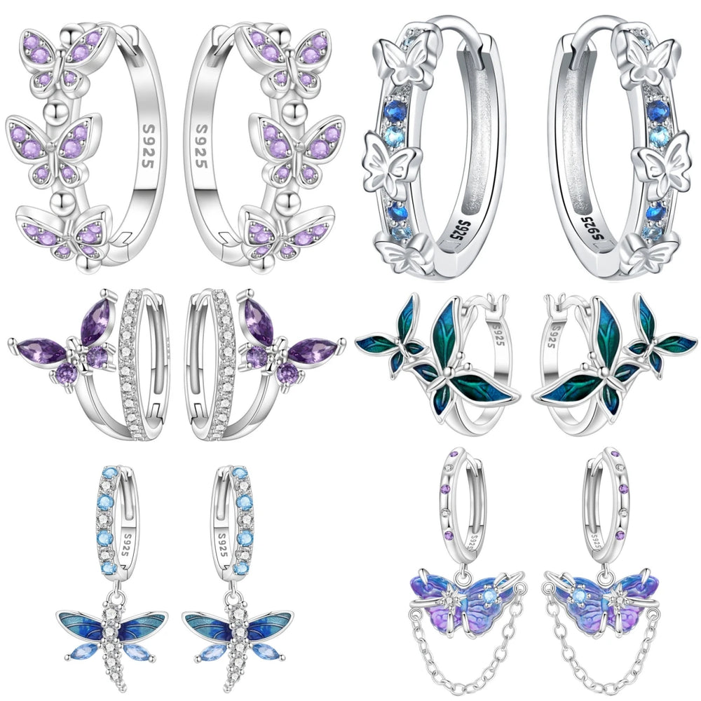 PANPOKI Original 925 Sterling Silver Purple Butterfly Insect Earrings Women Hoop Earring Anniversary