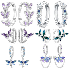 PANPOKI Original 925 Sterling Silver Purple Butterfly Insect Earrings Women Hoop Earring Anniversary