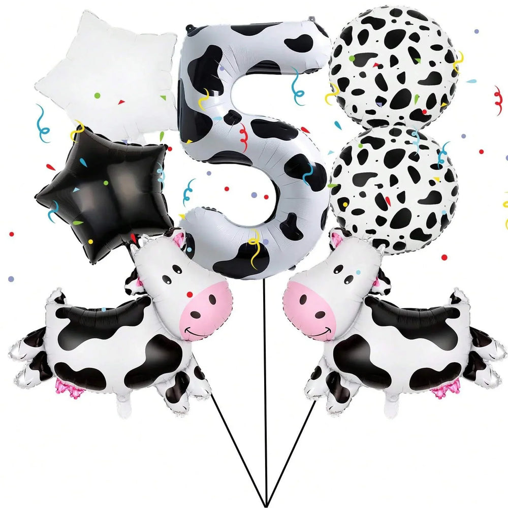 7pcs Cow Print Number Balloon Set | Farm Animal Birthday Party Decoration close-up view