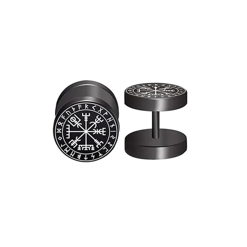 1Pair 18G Viking Rune Round Stud Earrings for Men Women, 316L Stainless Steel Cartilag close-up view