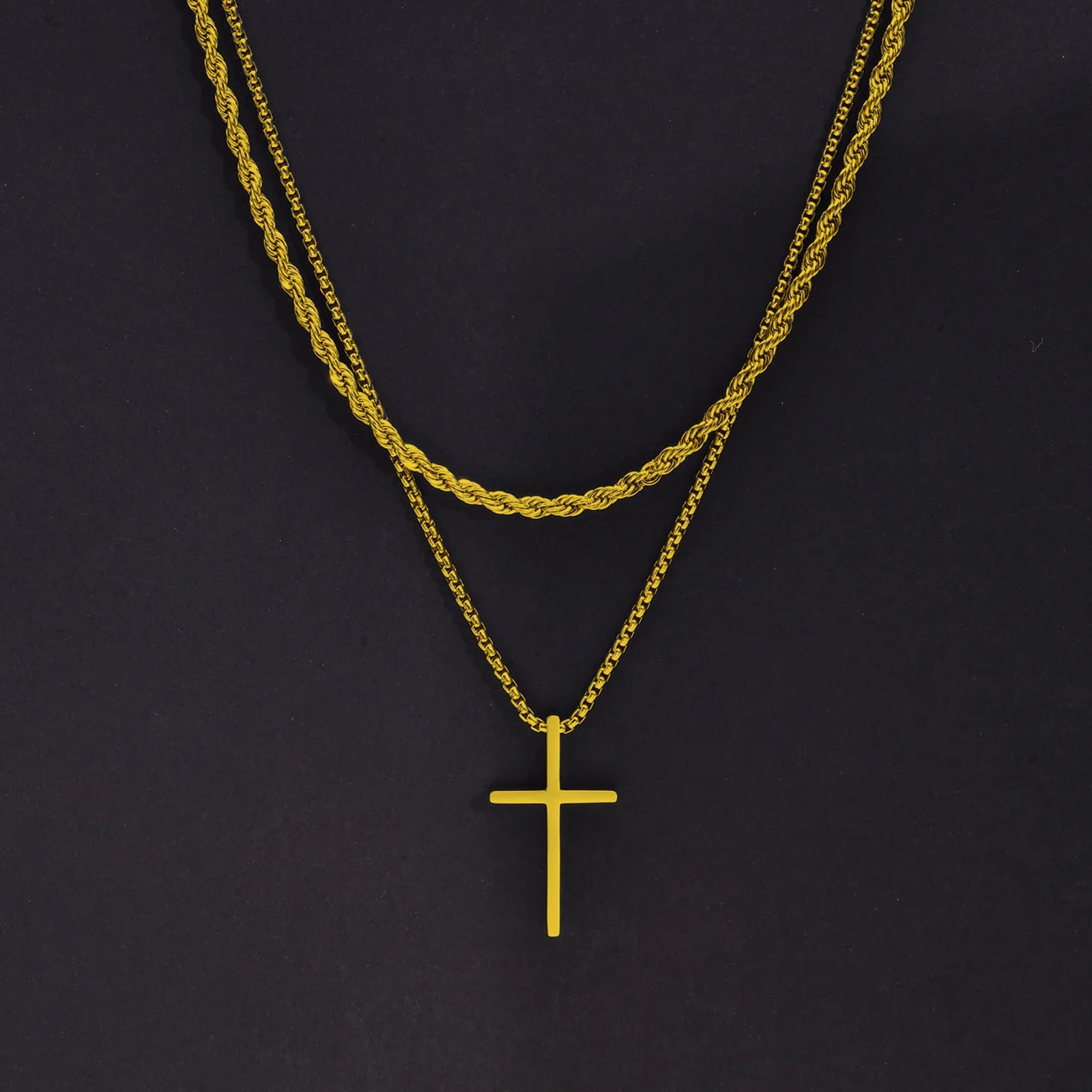 Men's Stainless Steel Layered Cross Necklace | Simple Prayer Pendant with Rope Box Cha close-up view