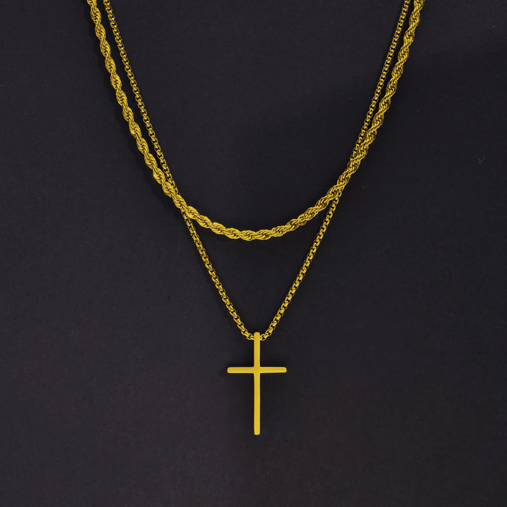 Men's Stainless Steel Layered Cross Necklace | Simple Prayer Pendant with Rope Box Cha close-up view