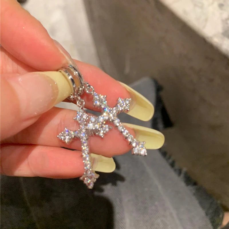 Korean Sliver Color Zircon Cross-Shape Drop Earrings | Punk Hip Hop Crystal Pendant E alternate view