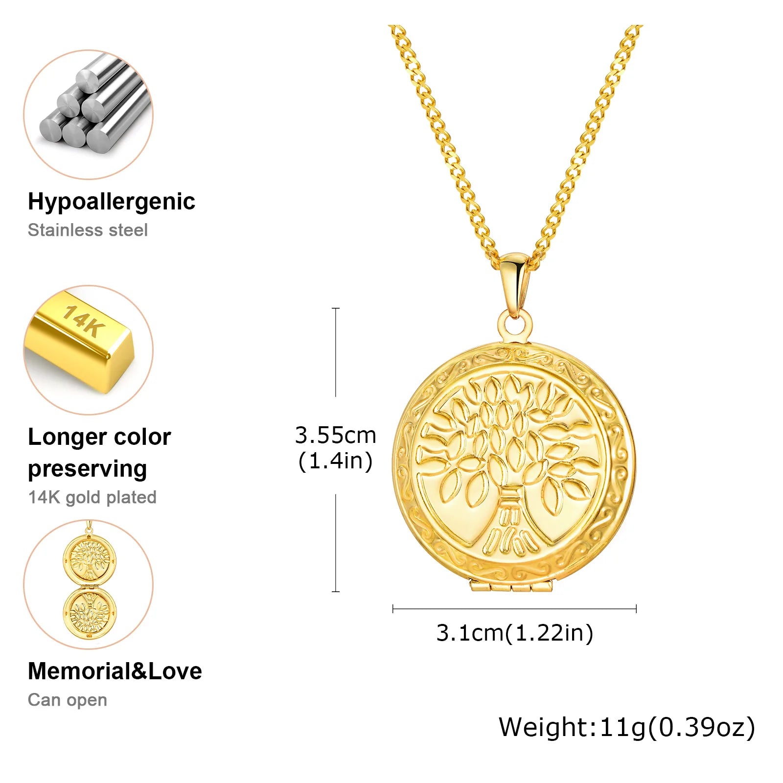 Vnox Light Heart Locket Pendants for Women Men Openable Photo Frame Glossy Stainless S close-up view