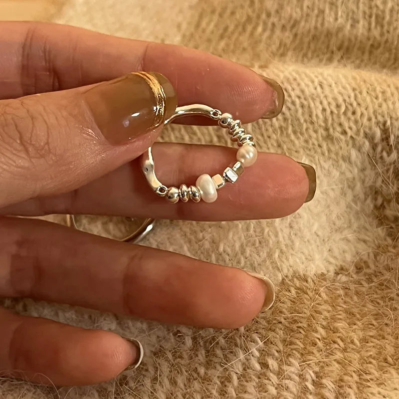 VENTFILLE 925 Sterling Silber Geometrischer Mehrschichtiger Ring mit runden Perlen | Modischer Punk-Temperament-Schmuck
