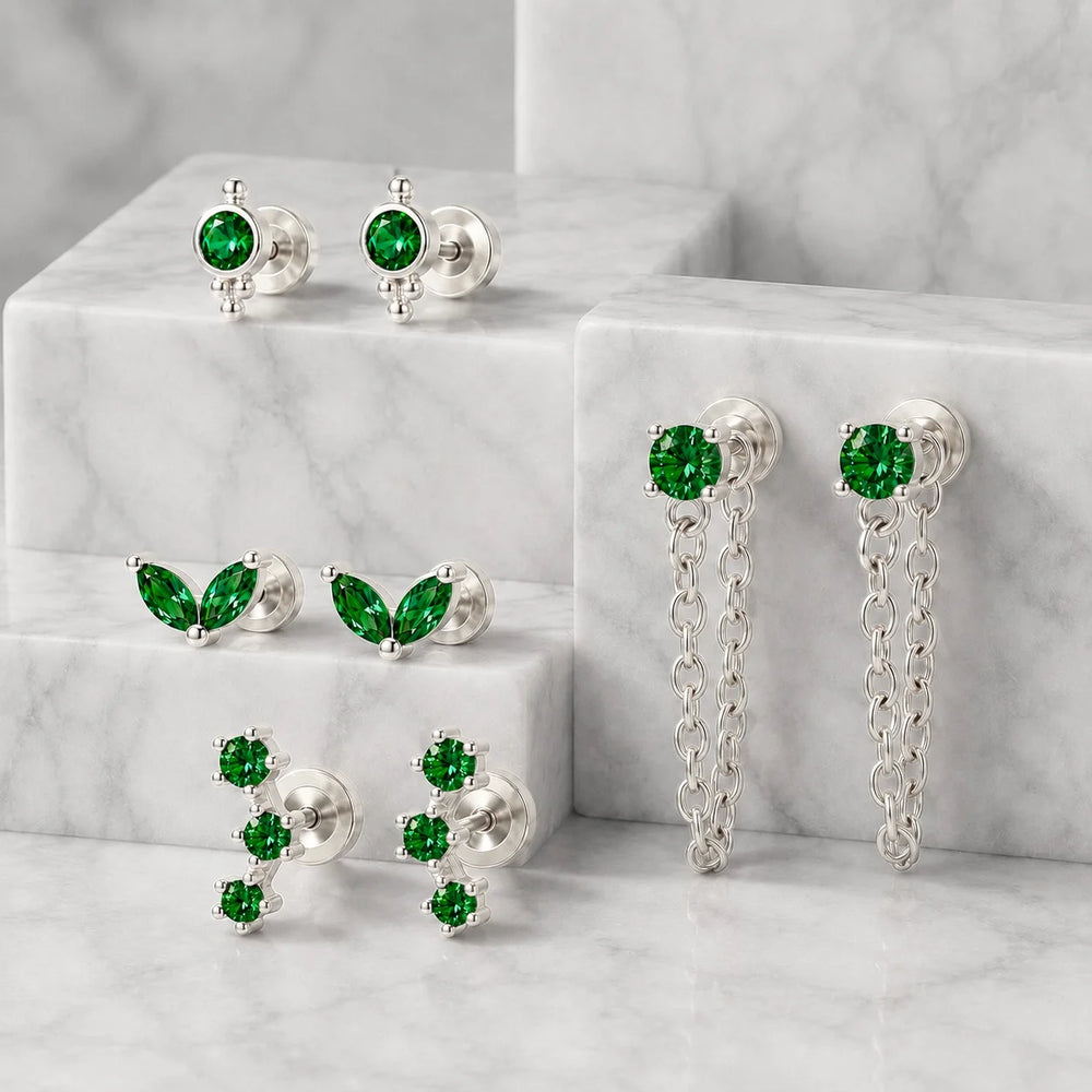 EVISPOL 18G Stainless Steel Flat Back Stud Earrings for Women Men Hypoallergenic Green close-up view