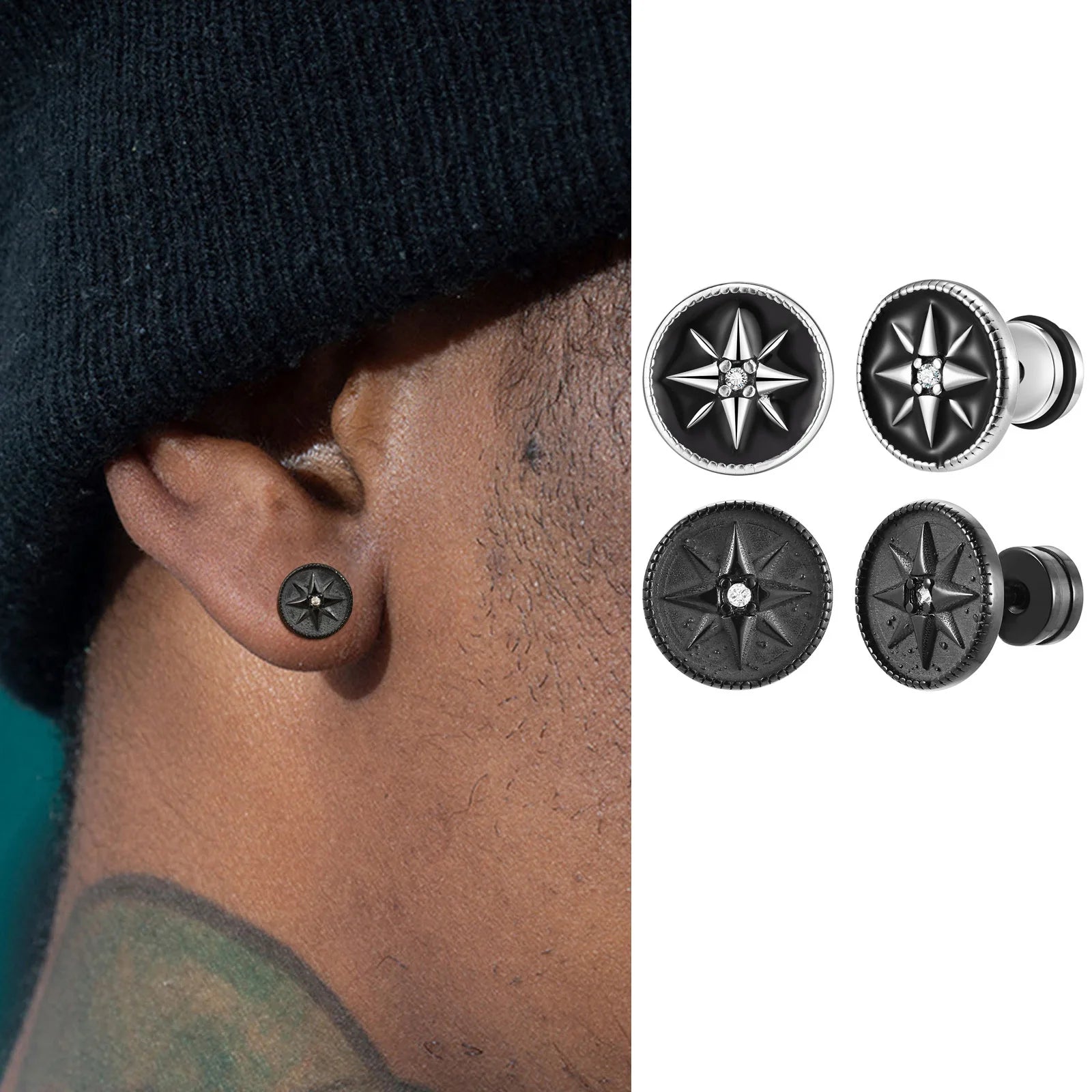 Nautical Compass Star Stud Earring for Men Boys,Black Circle Compass with White Zircon Earrings,Caus