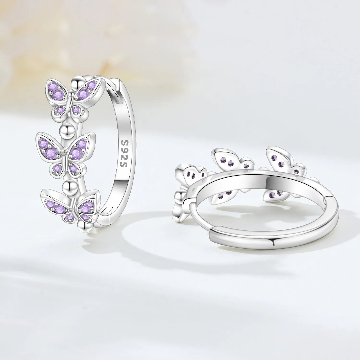 PANPOKI Original 925 Sterling Silver Purple Butterfly Insect Earrings Women Hoop Earr alternate view