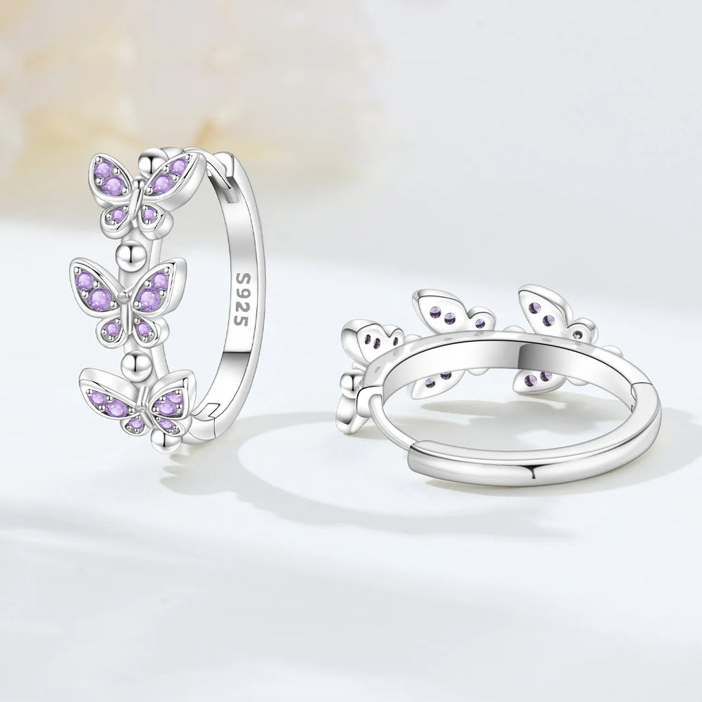 PANPOKI Original 925 Sterling Silver Purple Butterfly Insect Earrings Women Hoop Earr alternate view