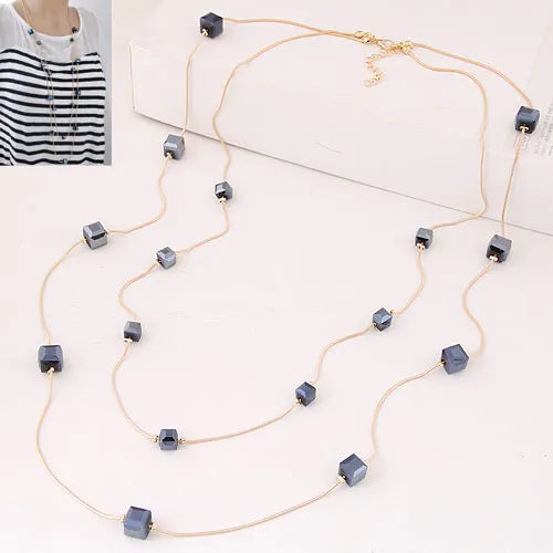 Gold Square Bead Sweater Chain Necklace | Double Layer Glass Pendant Jewelry for Women close-up view
