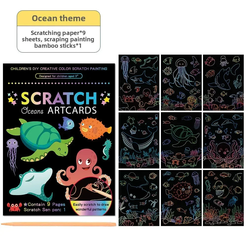 9Pcs/set Magic Rainbow Color Scratch Art Painting Paper Card Kit Cartoon Animal Drawin close-up view