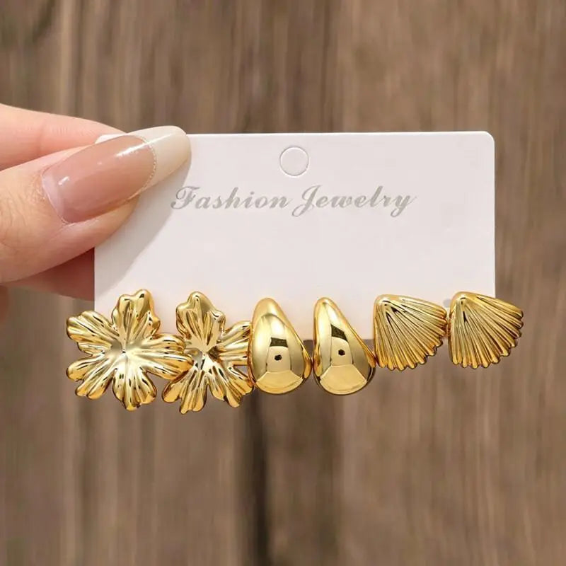 2/3/8 Pairs Golden Bohemian Earring Set, Elegant Stylish Statement Earrings with Fl additional angle