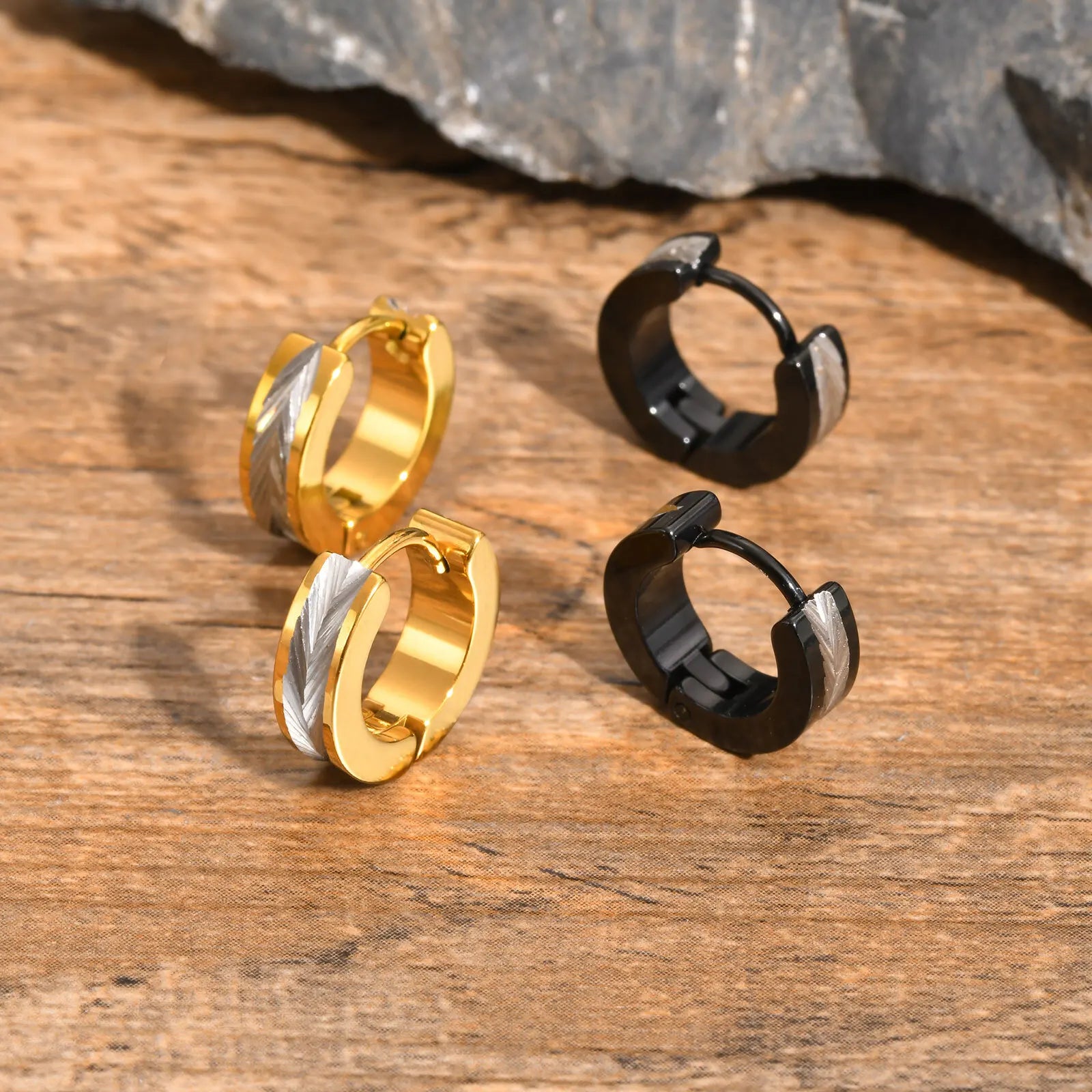 Vnox Stainless Steel Small Hoop Earrings for Men Women | Stylish Two-Tone Metal Huggi alternate view