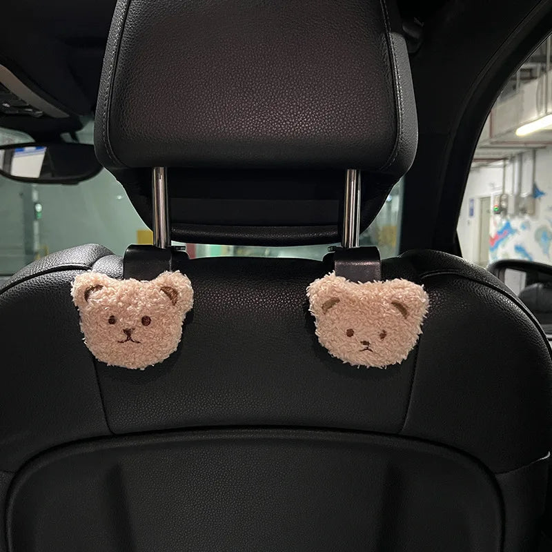2PCS Cute Cartoon Bear Car Seat Back Hooks Storage Vehicle Headrest Organizer Hanger for Groceries Bag Handbag Car Decoration