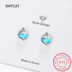 Half Round Natural Sky London Blue Topaz 925 Sterling Silver Spring Water Stud Earrings detail view