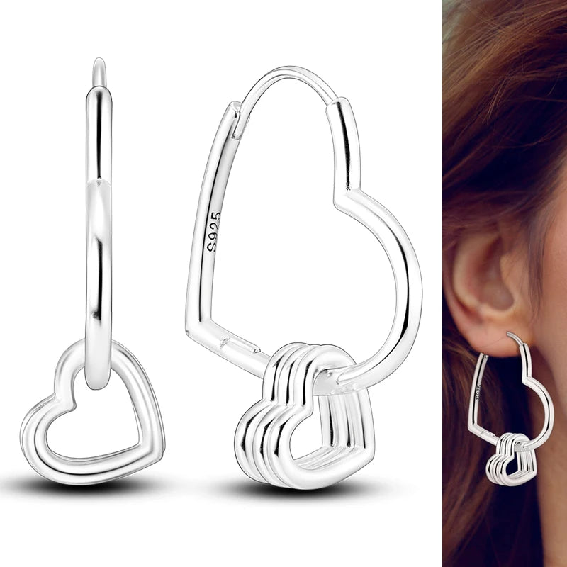 Hot Sale 925 Sterling Silver Heart Earrings Fit Original Charms Hoop Earrings For Women detail view