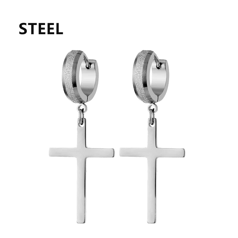 2pc Stainless Steel Men Cross Stars Punk Dangle Earrings Gothic Woman Cross Ear Hoop E close-up view