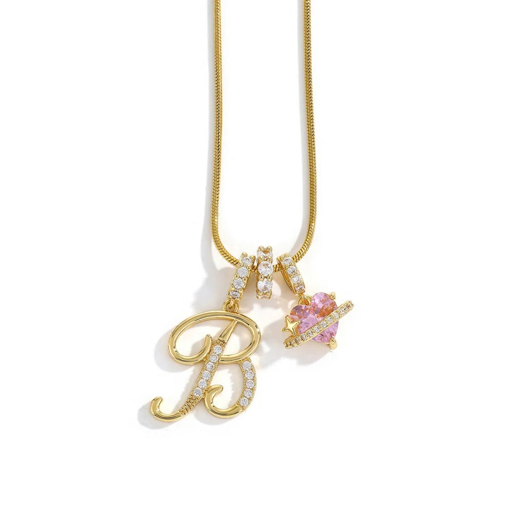 Gold Color Zircon Flower Pendant Necklace Female A-Z 26 Letter Alphabet Wedding Jewelr close-up view