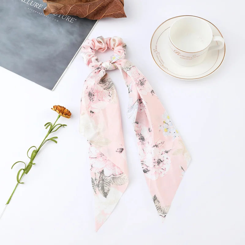Fashion Flower Print Bow Satin Long Ribbon Ponytail Scarf Tie Scrunchies Women Girls E close-up view