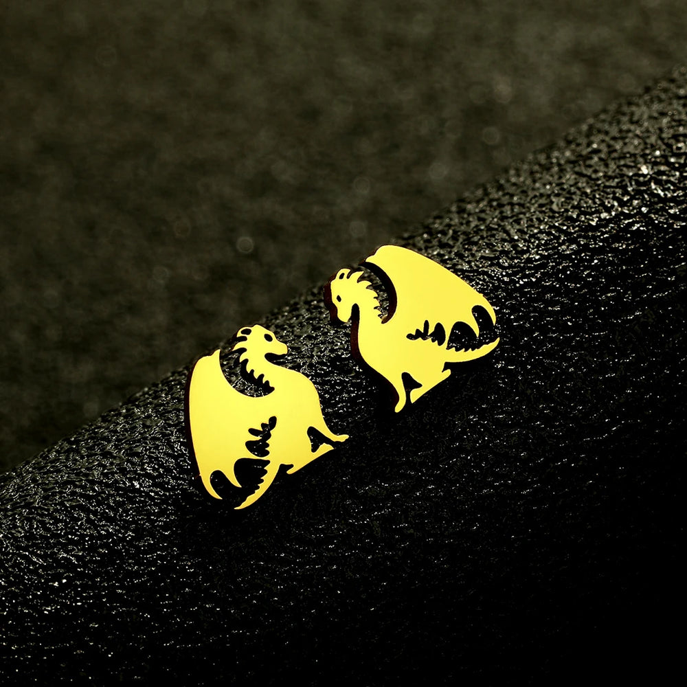 Kinitial Stainless Steel Dragon Earrings | Dainty Punk Animal Stud Jewelry for Women close-up view