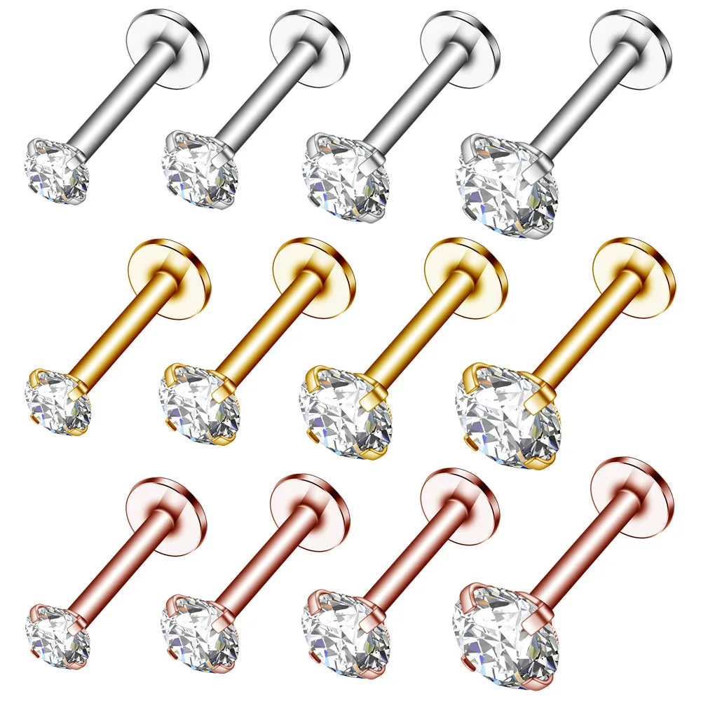 2/3/5PCS 16G Stainless Steel Labret Piercing Jewelry - CZ Crystal Monroe/Lip Studs, 6/8/10mm Helix/T