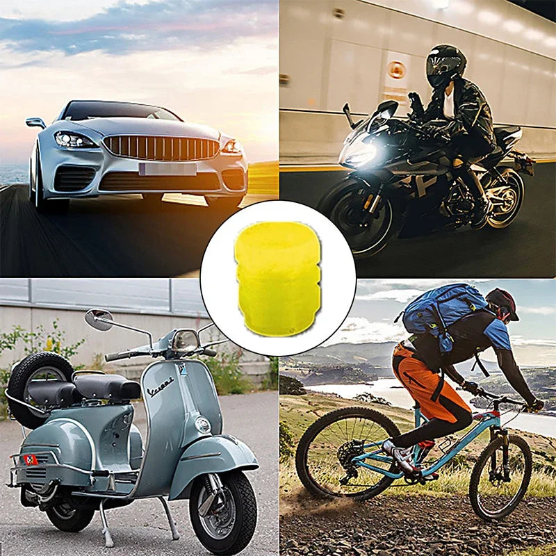 Automobile Tire Valve Cap Fluorescent Yellow Night Glowing Car Motorcycle Wheel Stylin close-up view