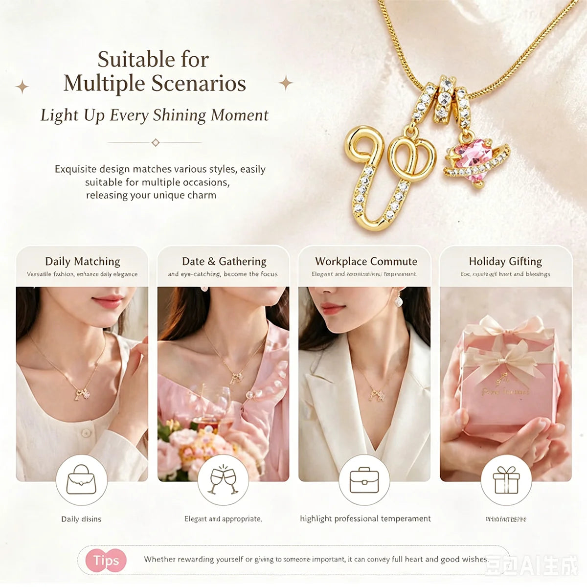 Fashion Letter Necklace for Women Pink Zircon Heart-shaped Pendant Suitable for Gir additional angle