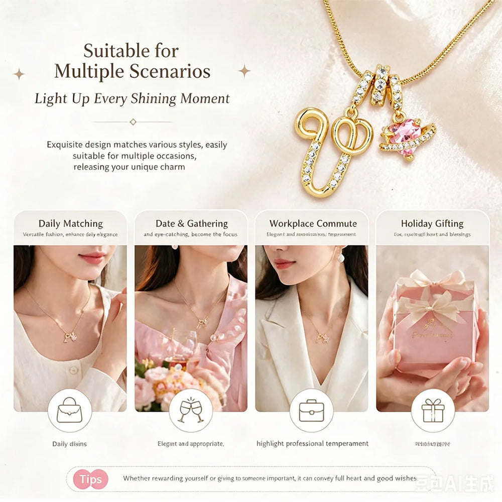 Fashion Letter Necklace for Women Pink Zircon Heart-shaped Pendant Suitable for Gir additional angle