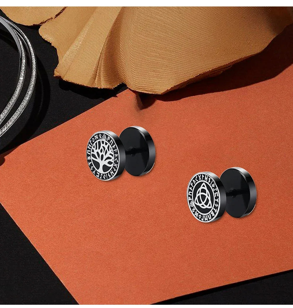 Gothic Norse Viking Runes Stud Earrings for Men Boys,Rock Punk Stainless Steel Valknut W detail view