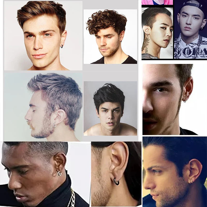 LUXUSTEEL Men's Simple Hoops Earrings Black Color Stainless Steel Clip Earring for Me lifestyle view