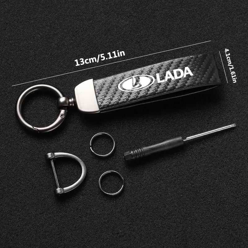Car Carbon Fiber Style Keychain | Lada Accessory with Microfiber Leather detail view