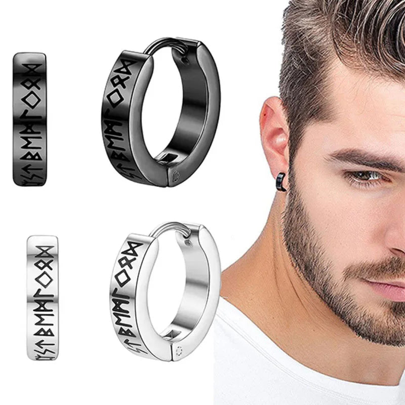 1Pair 12mm Norwegian Viking Rune Hoop Earrings | 316L Stainless Steel Huggie Hoop Earrings for Men a