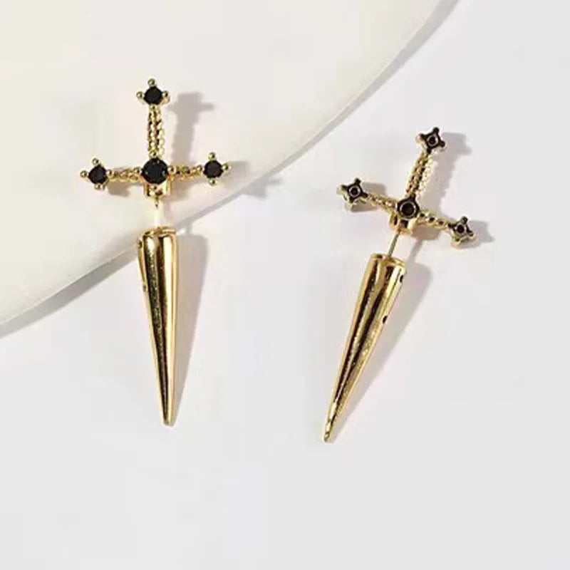 Gothic Kinitial Sword Earrings Vintage Cool Punk Crystal Ear Jacket Goth Dagger Earrings detail view