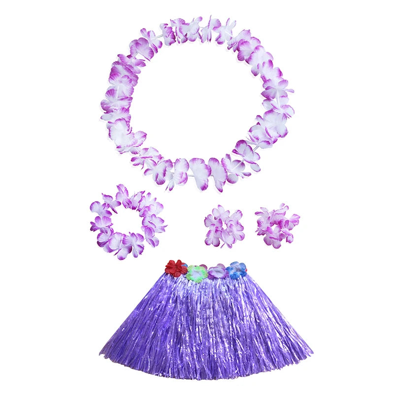 Kids Hawaiian Luau Costume Set | Grass Skirt Lei Flower Bracelets Headband lifestyle view