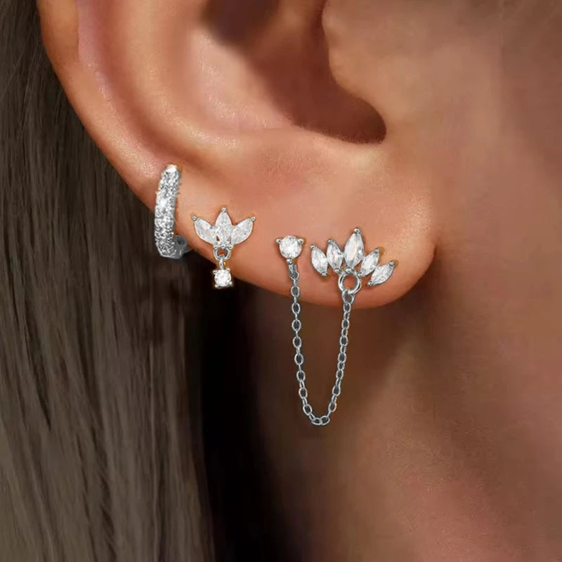3PCS Stainless Steel Crown Chain Tassel Zircon Drop Earring Flower Ear Stud For Wom additional angle