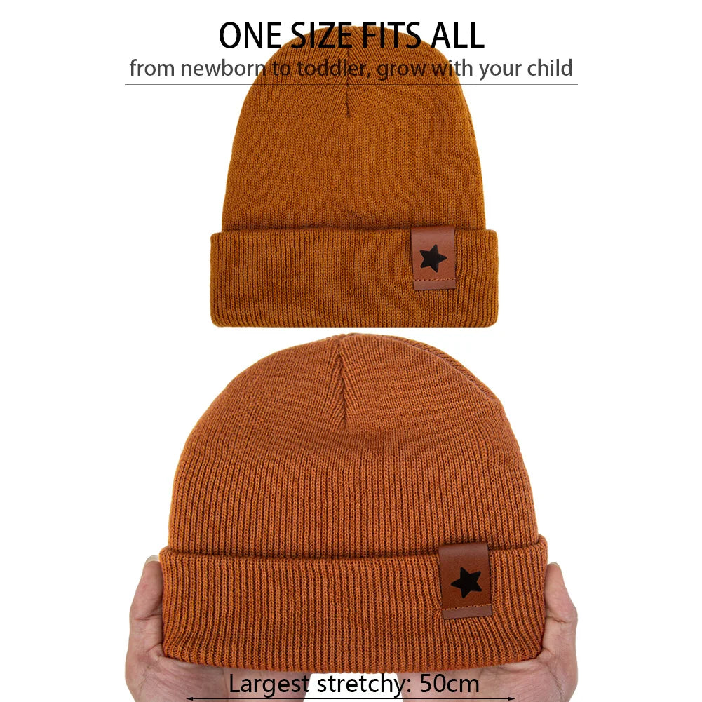 Baby Knitted Hat and Glove Set | Solid Winter Turban with Leather Star Tag detail view