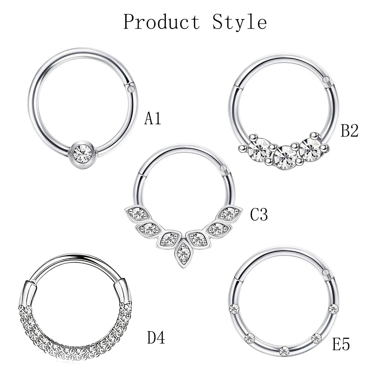 1-5pcs 16G Fashion 316L Stainless Steel CZ Hinged Septum Clicker Nose Hoop Rings,Dait alternate view