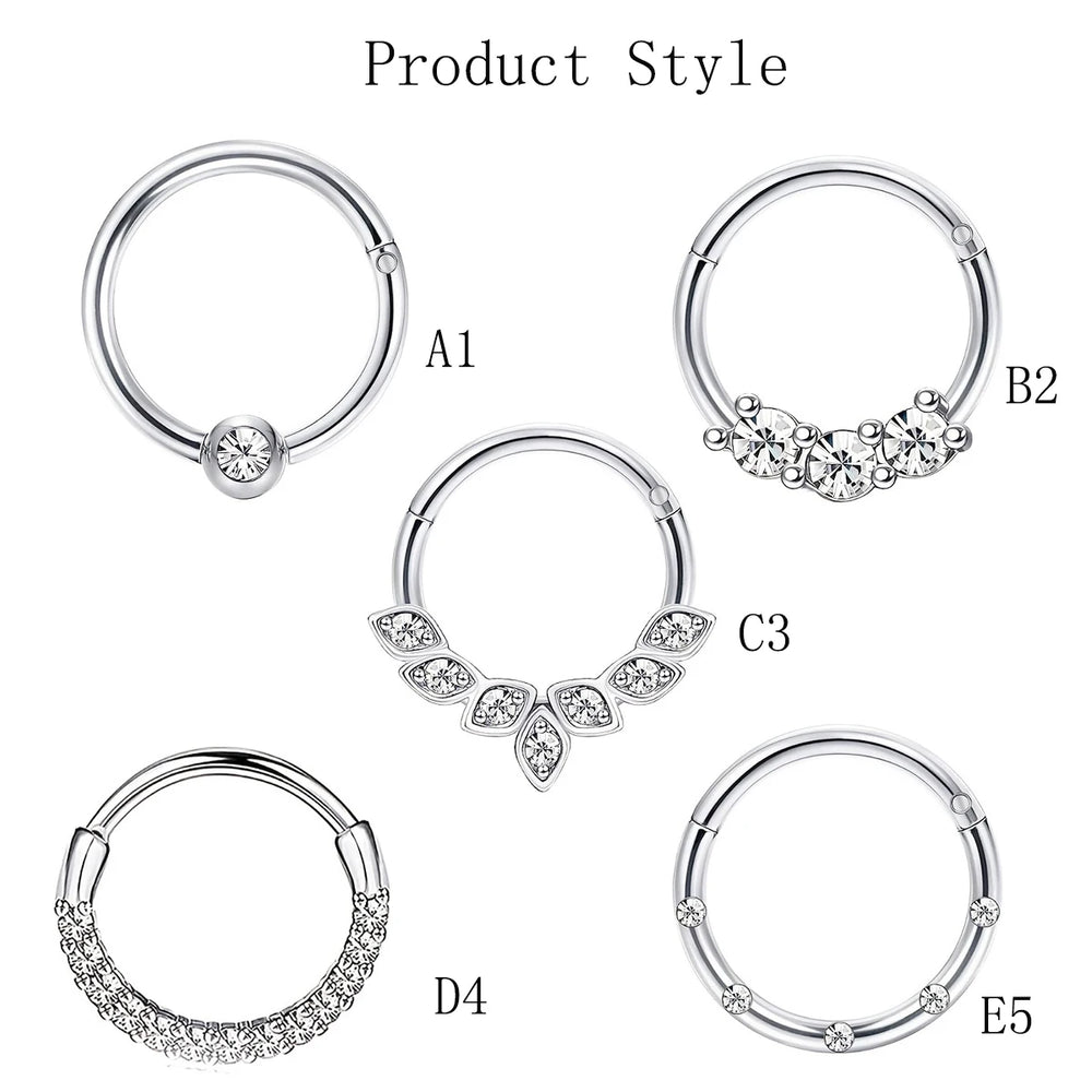 1-5pcs 16G Fashion 316L Stainless Steel CZ Hinged Septum Clicker Nose Hoop Rings,Dait alternate view