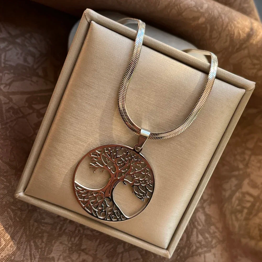 Tree of Life Pendant Necklace | Stainless Steel Family Tree Jewelry for Men and Women close-up view
