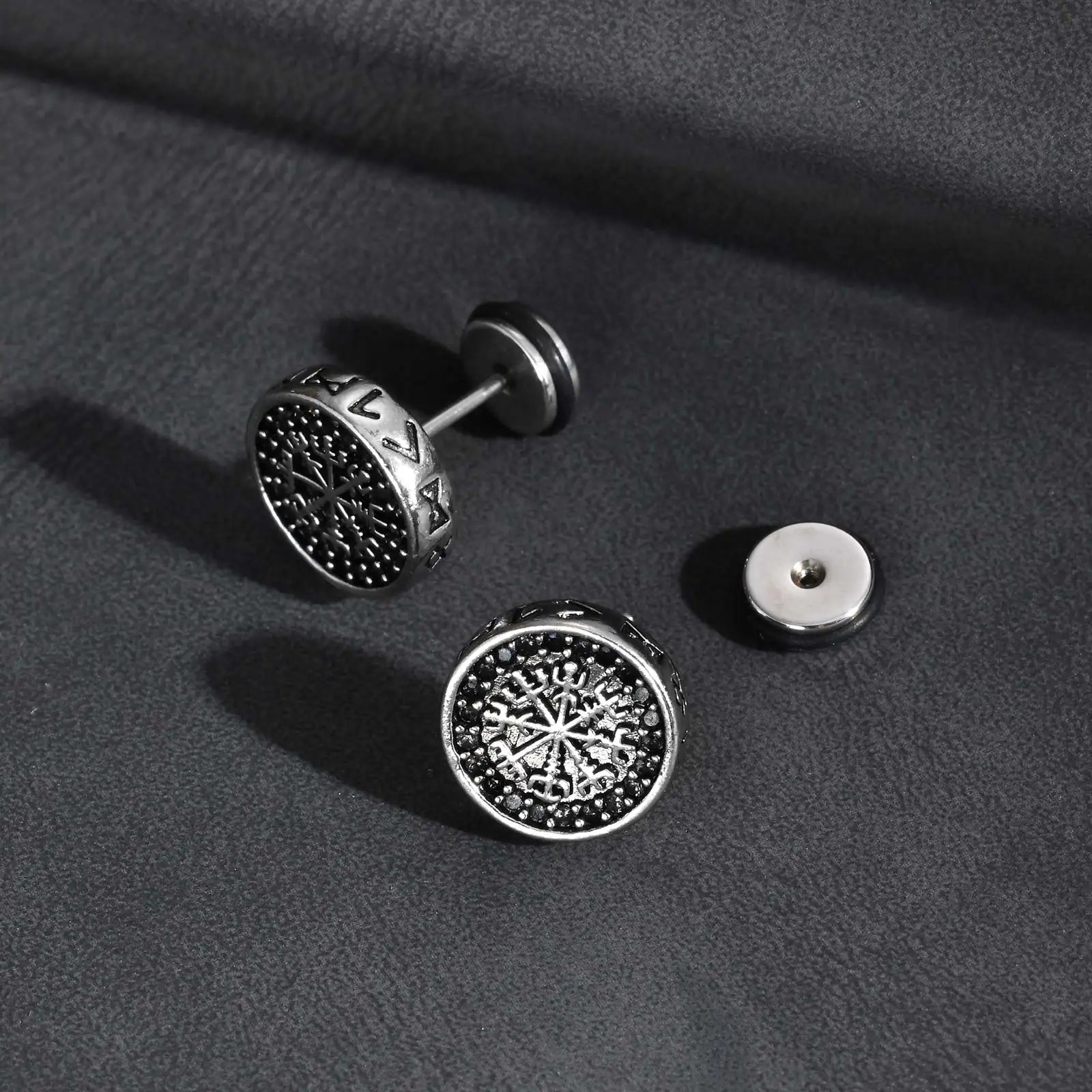 Vintage Gothic Norse Viking Stud Earrings for Men Boys, Rock Punk Runes Round Earrings, detail view
