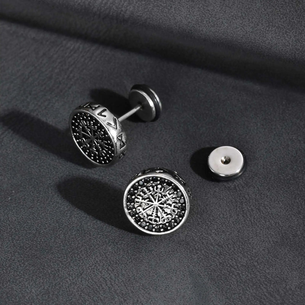 Vintage Gothic Norse Viking Stud Earrings for Men Boys, Rock Punk Runes Round Earrings, detail view