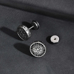 Vintage Gothic Norse Viking Stud Earrings for Men Boys, Rock Punk Runes Round Earrings, detail view